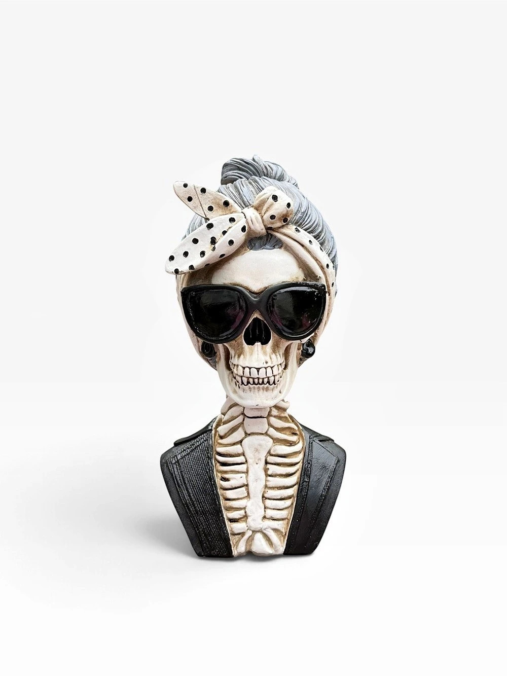 Skeleton with sunglasses and hair tie Sculpture 12” NEW